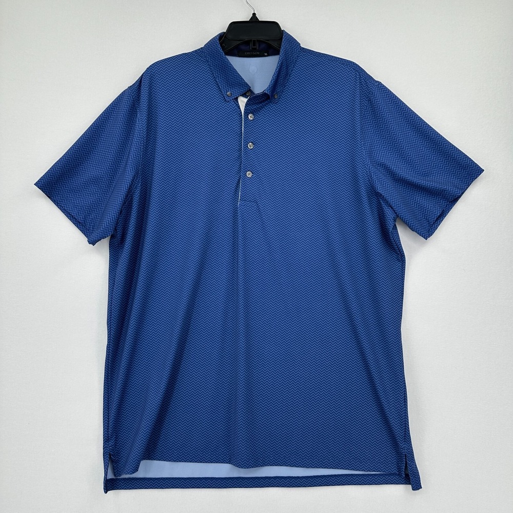 Greyson Polo Shirt Men XL Blue White Chevron Golf‎ Performance Preppy Button